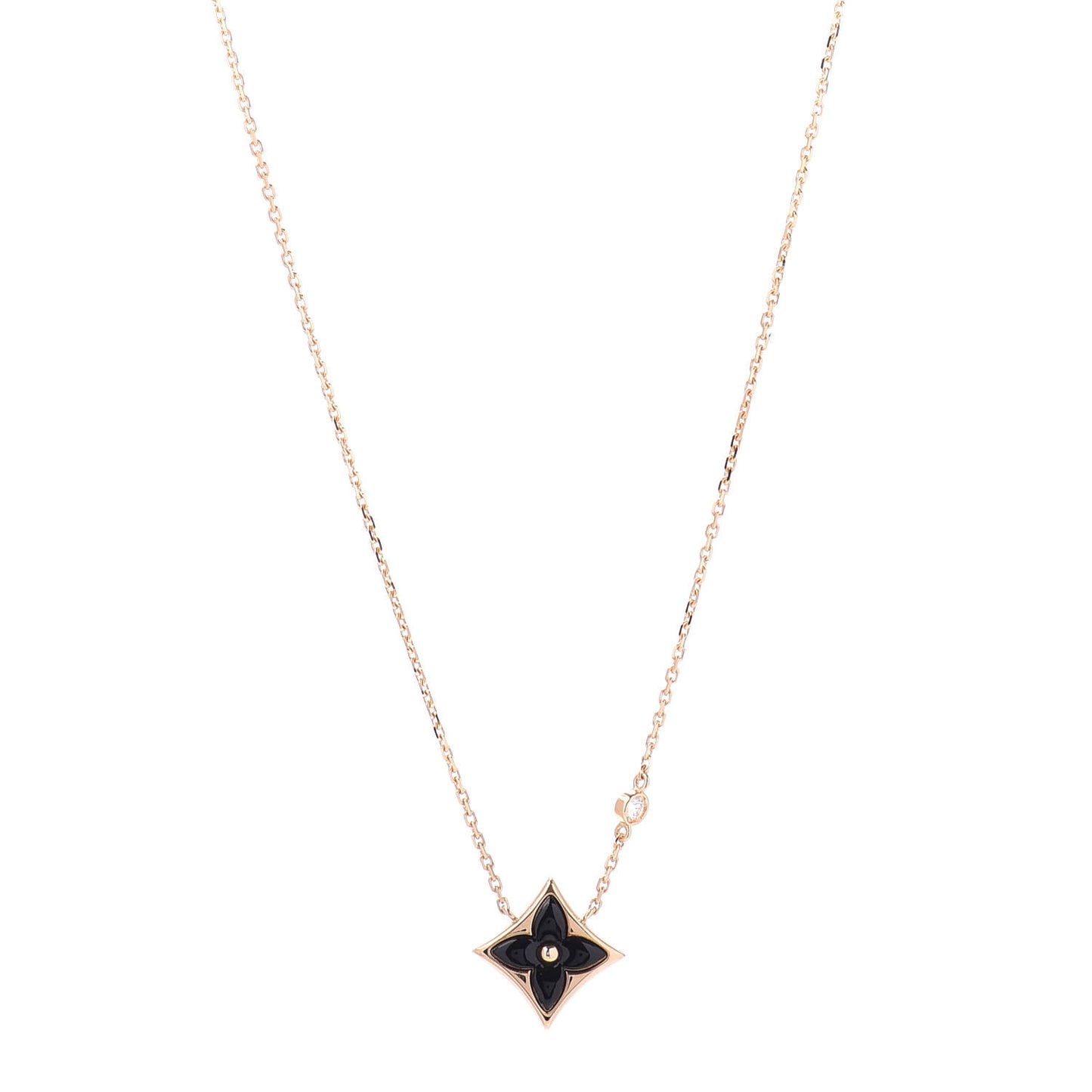 18K Yellow Gold Diamond Black Onyx Color Blossom BB Star Pendant Necklace