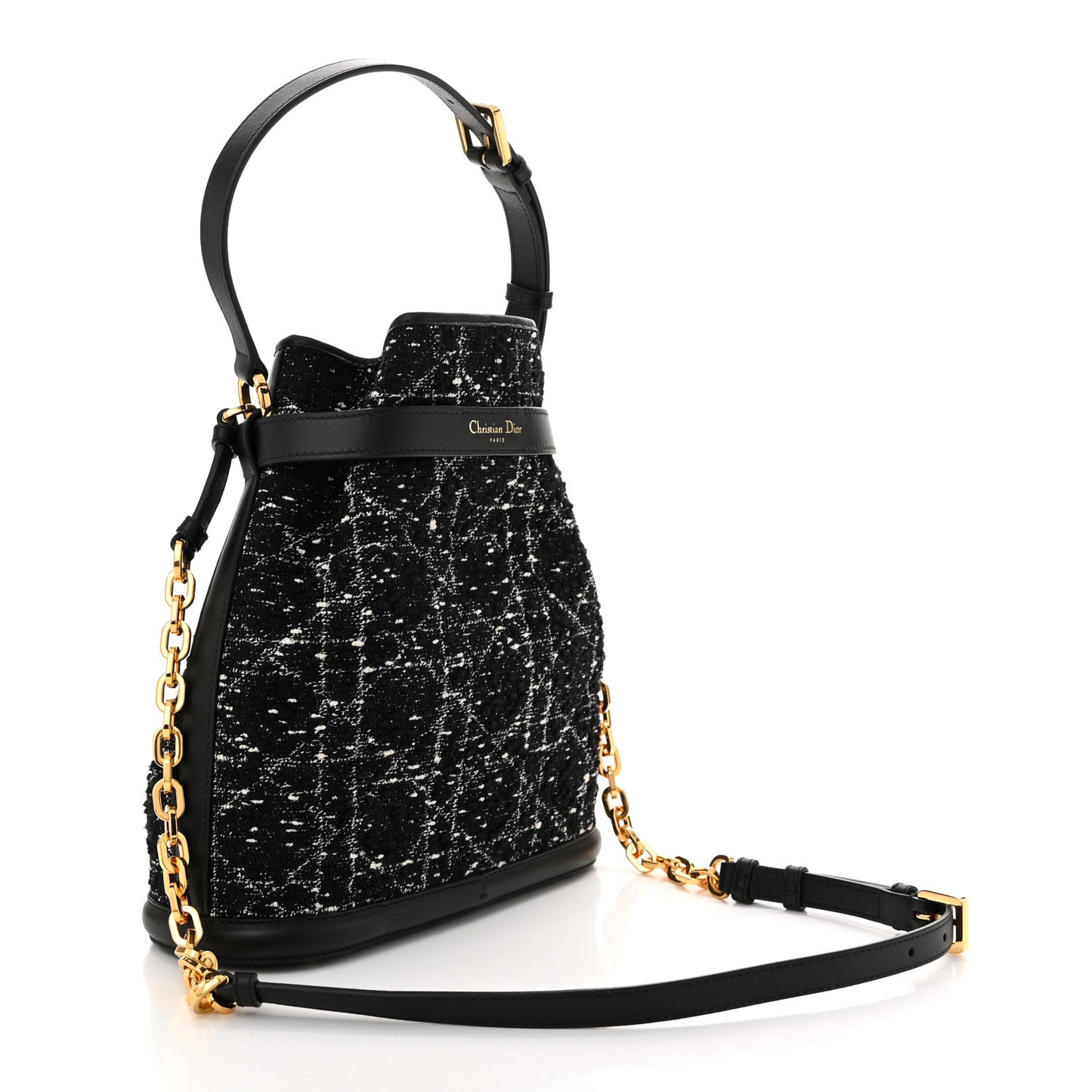 Calfskin Tweed Cannage Medium C'est Chain Bucket Bag Black White