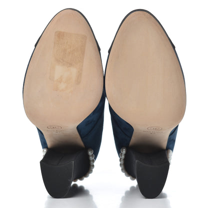 Chanel Suede Grosgrain Pearl Lace Up Booties 37 Dark Blue Black 5 of 16