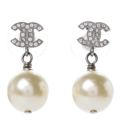 Chanel Crystal Pearl CC Drop Earrings Silver Pearly White 1 of 5