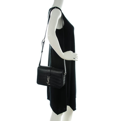 Saint Laurent Calfskin Crocodile Embossed Medium Monogram Universite Bag Black 2 of 7