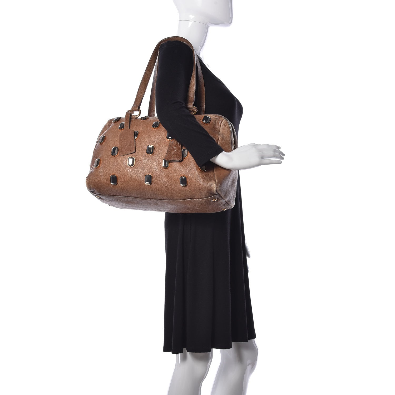 Prada Cervo Deerskin Crystal Embellished Bowler Bag Brown 2 of 8
