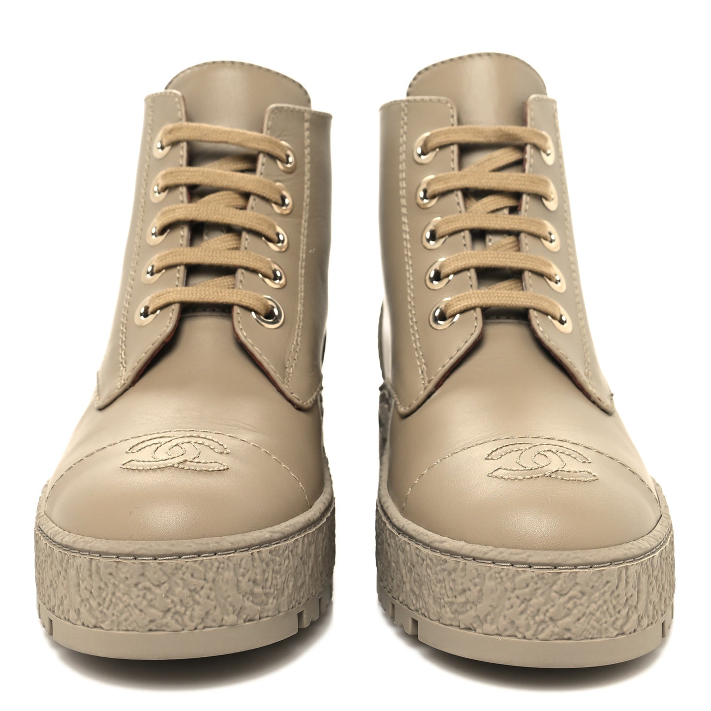 Calfskin CC Turnlock Lace Up Boots 36 Beige
