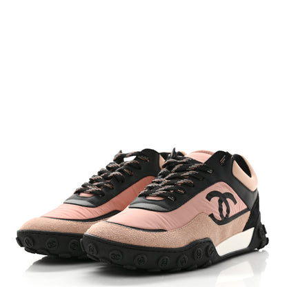 Chanel Nylon Calfskin Suede CC Womens Sneakers 37.5 Pink Black 3 of 8