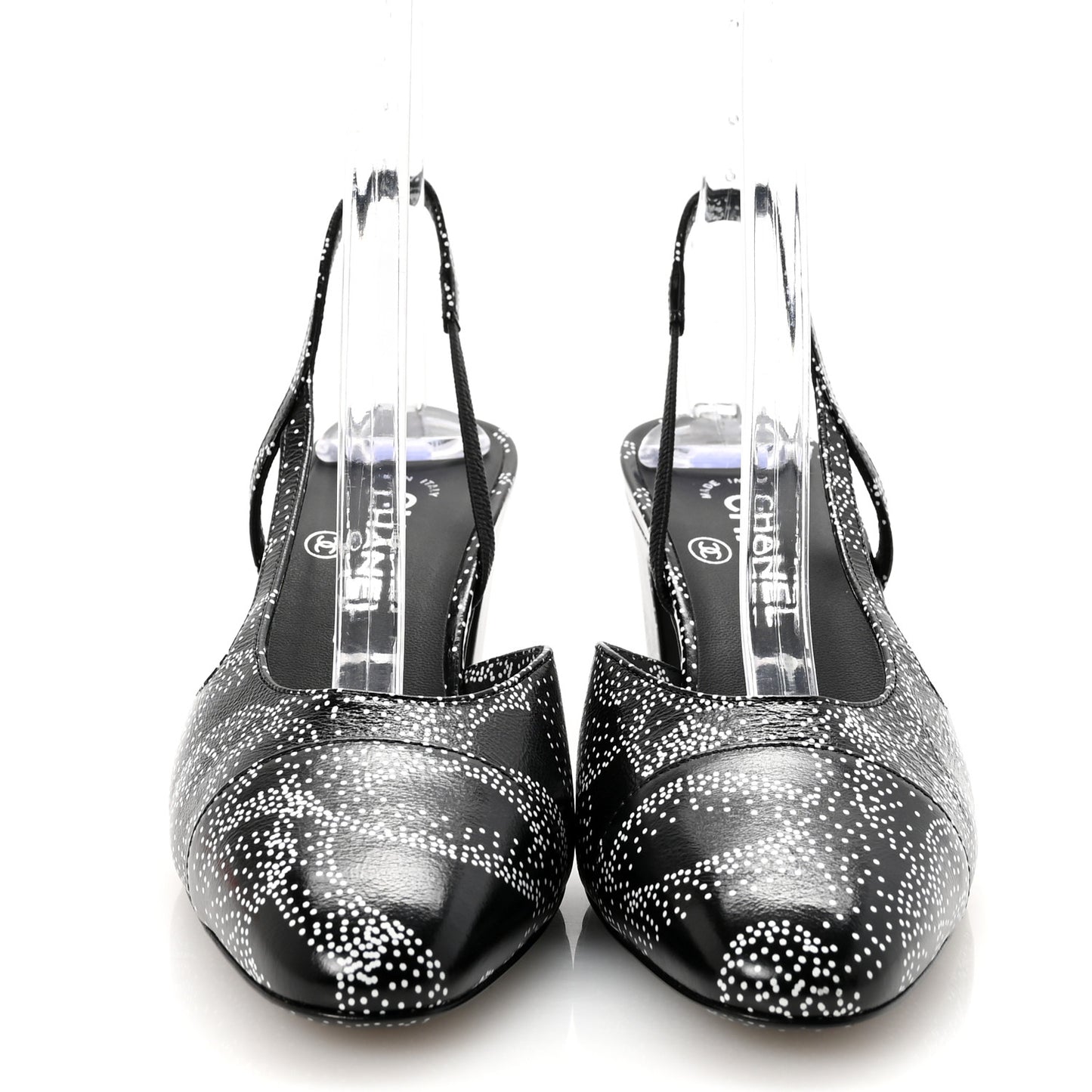 Calfskin Camellia Printed Cap Toe CC Slingback Pumps 37 Black White