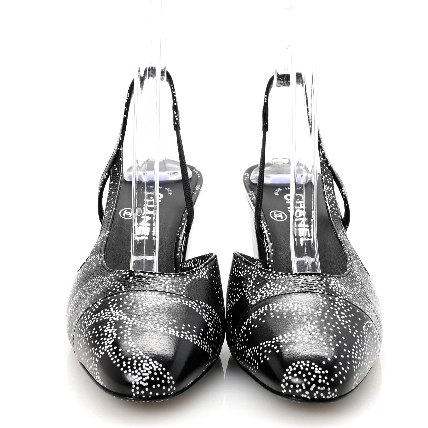Chanel Calfskin Camellia Printed Cap Toe CC Slingback Pumps 37 Black White 3 of 9