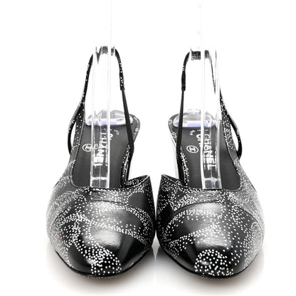 Chanel Calfskin Camellia Printed Cap Toe CC Slingback Pumps 37 Black White 3 of 9