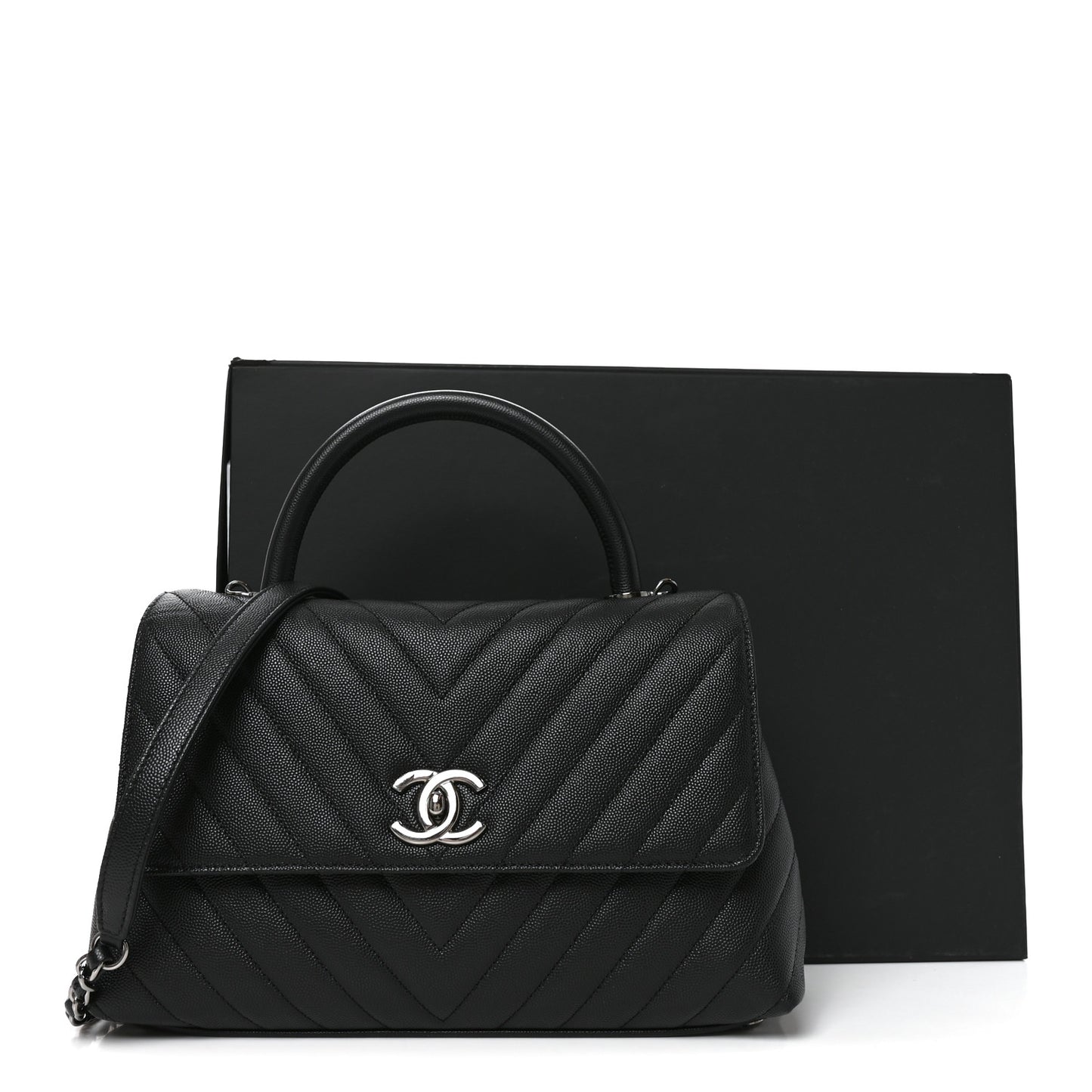 Caviar Chevron Quilted Small Coco Handle Flap Black