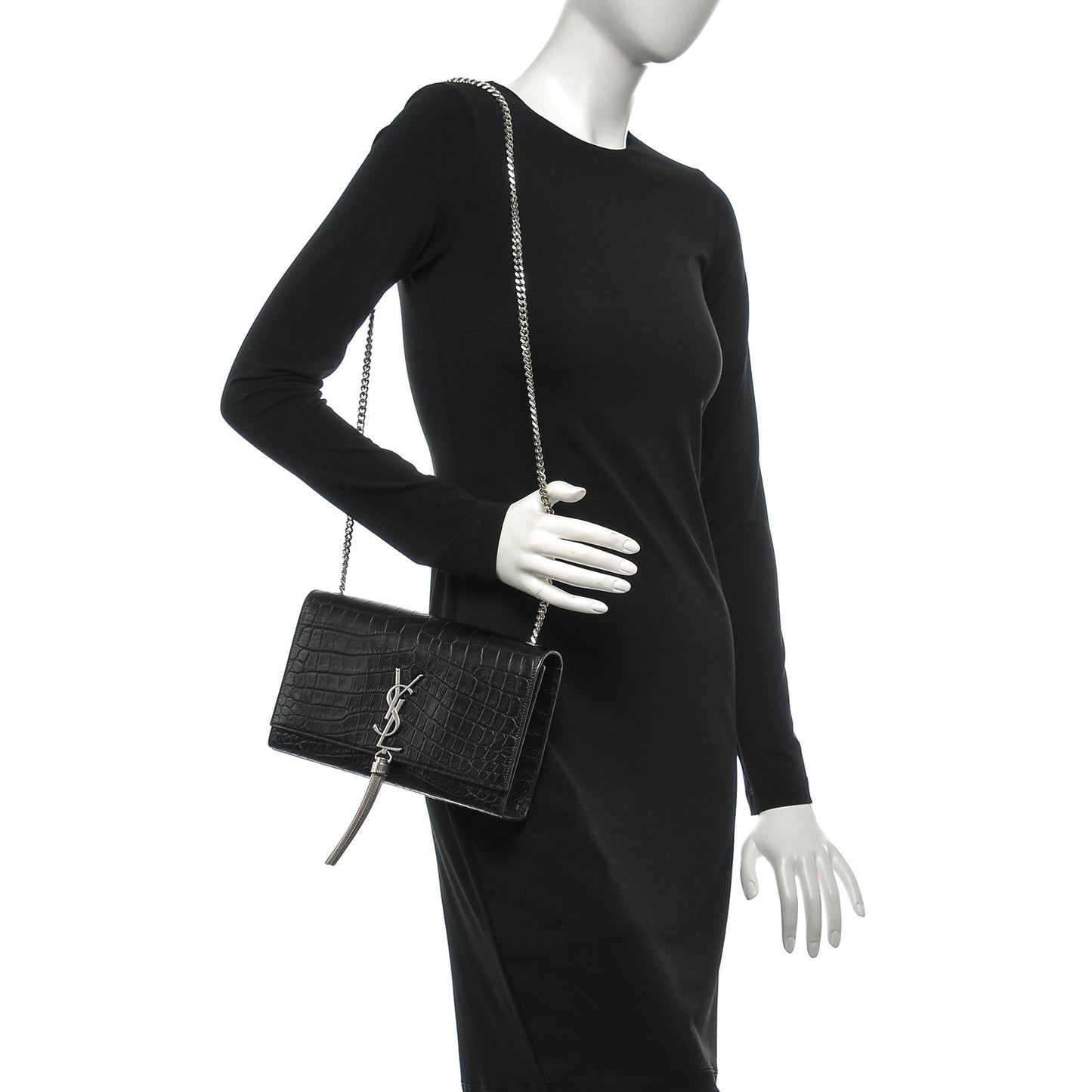 Calfskin Crocodile Embossed Medium Classic Monogram Kate Tassel Satchel Black