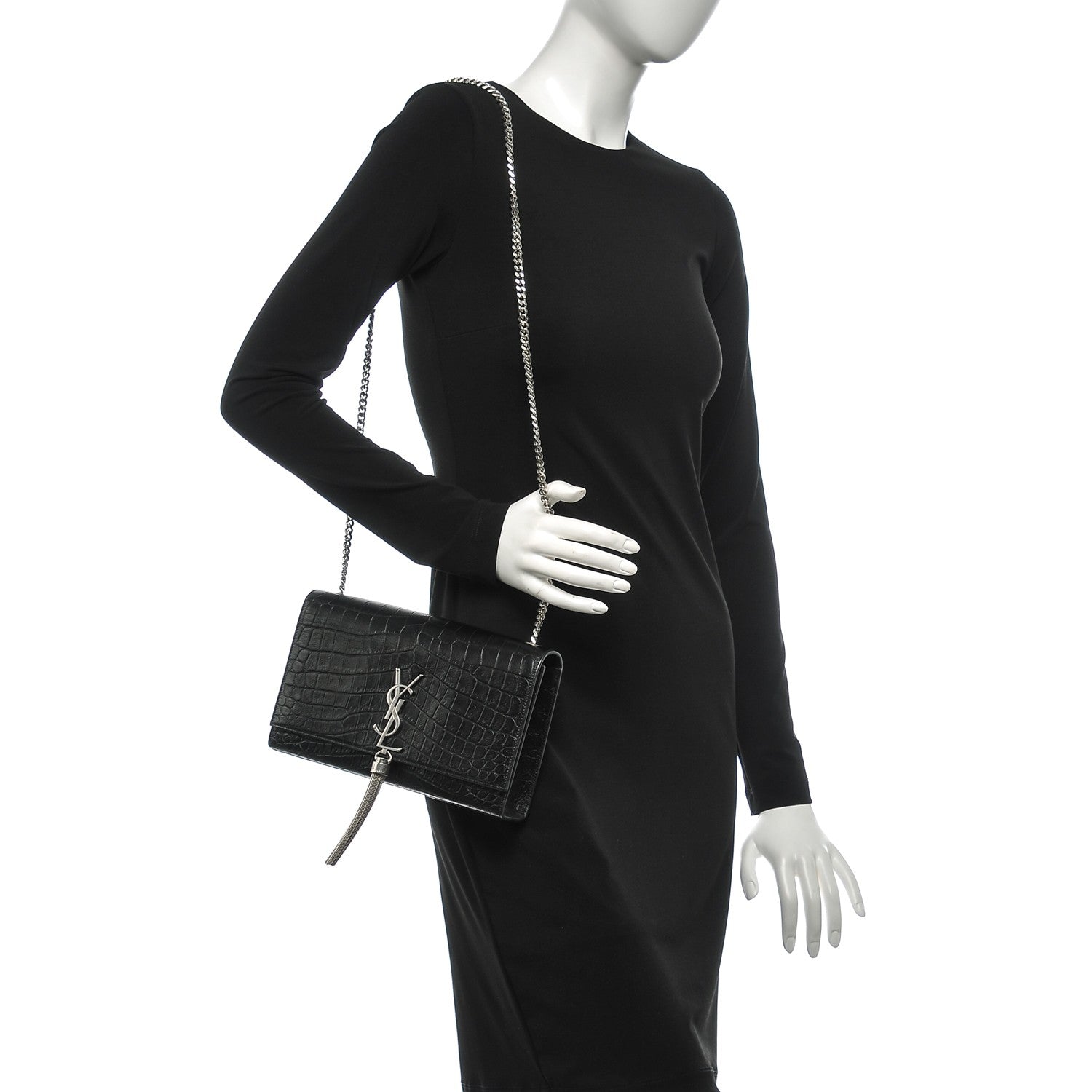 Saint Laurent Calfskin Crocodile Embossed Medium Classic Monogram Kate Tassel Satchel Black 2 of 6