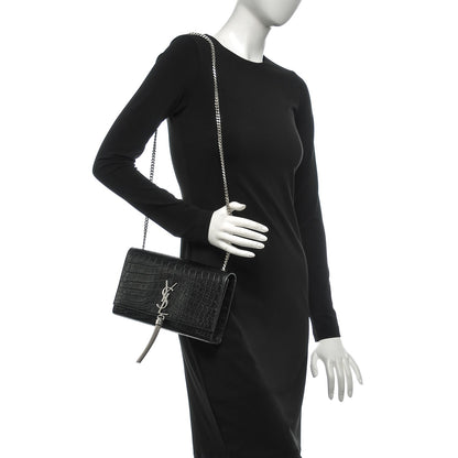 Saint Laurent Calfskin Crocodile Embossed Medium Classic Monogram Kate Tassel Satchel Black 2 of 6