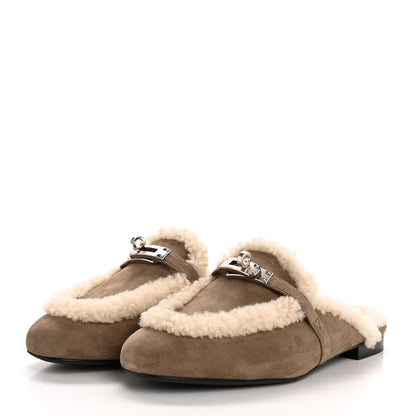 Hermes Suede Goatskin Shearling Womens Oz Mules 38 Etoupe Ecru 4 of 10