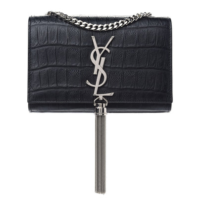 Saint Laurent Calfskin Crocodile Embossed Small Classic Monogram Kate Tassel Satchel Black 1 of 10