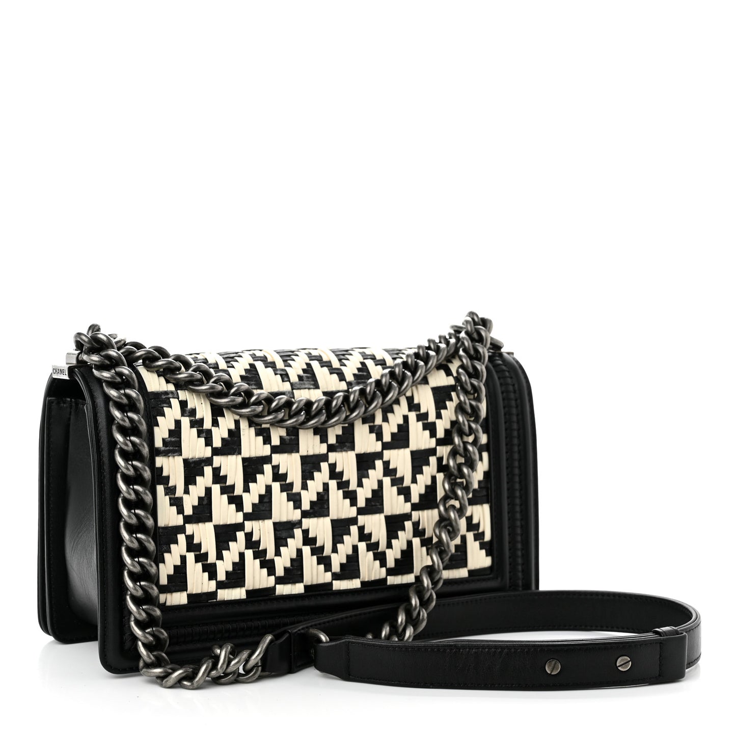 Calfskin Woven Medium Boy Flap Black White