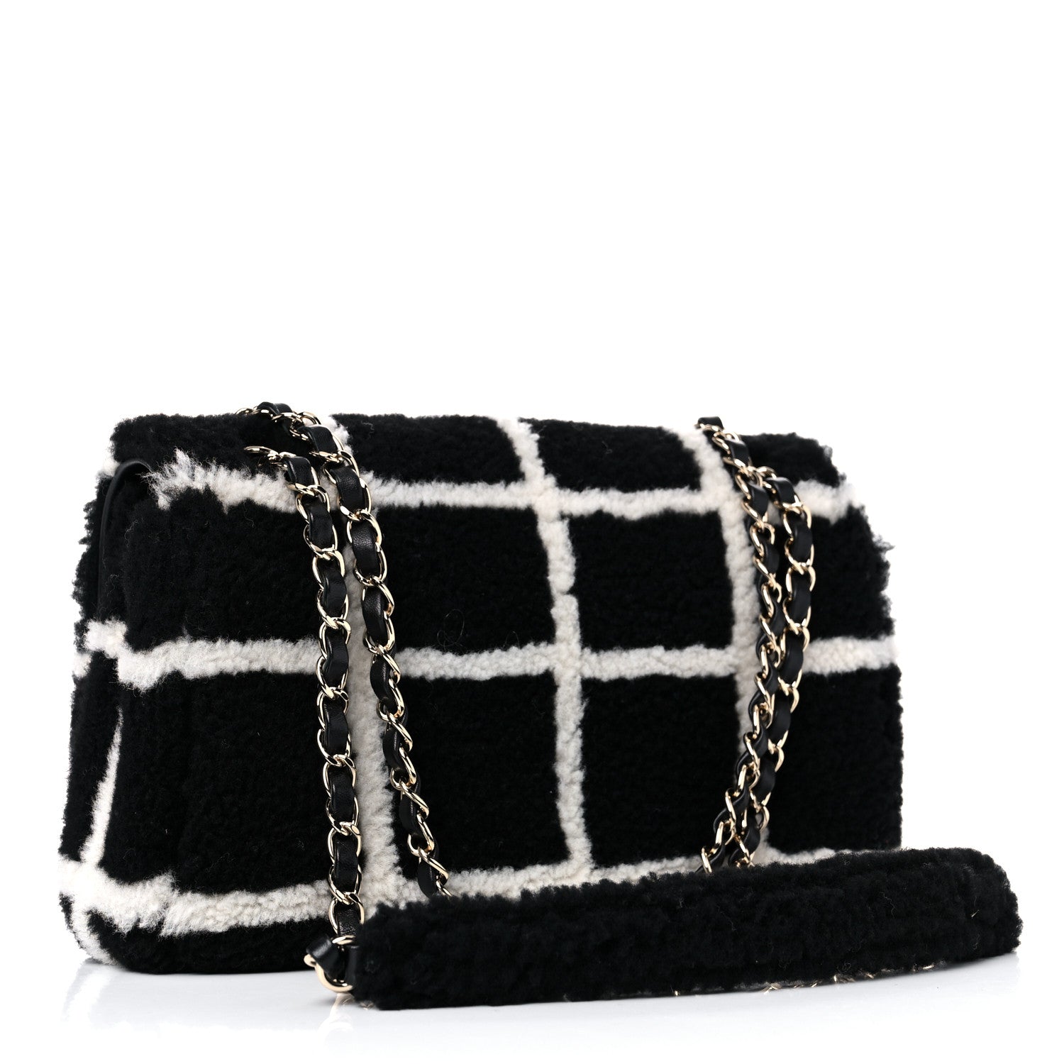 Chanel Shearling Lambskin Large Fluffy Tartan Single Flap Black White 3 of 10