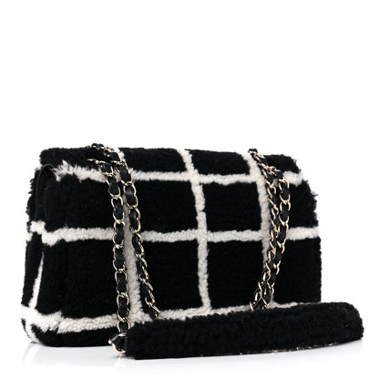Chanel Shearling Lambskin Large Fluffy Tartan Single Flap Black White 3 of 10