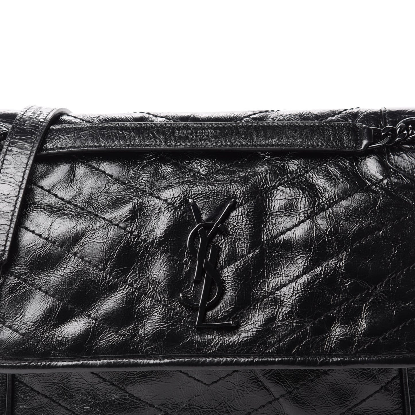 Crinkled Calfskin Matelasse Monogram Medium Niki Chain Satchel Black
