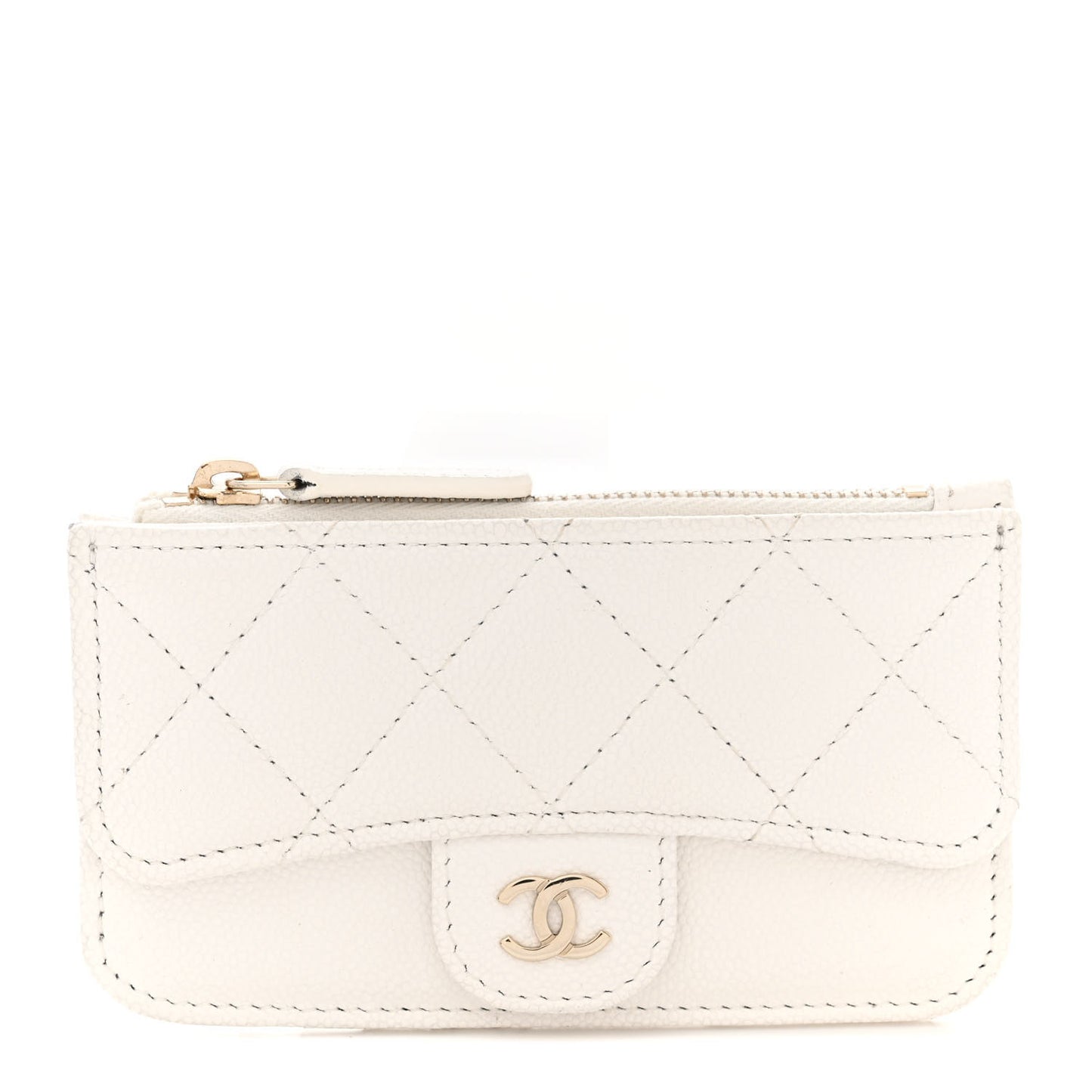 Caviar Quilted Flap Zip Card Holder White