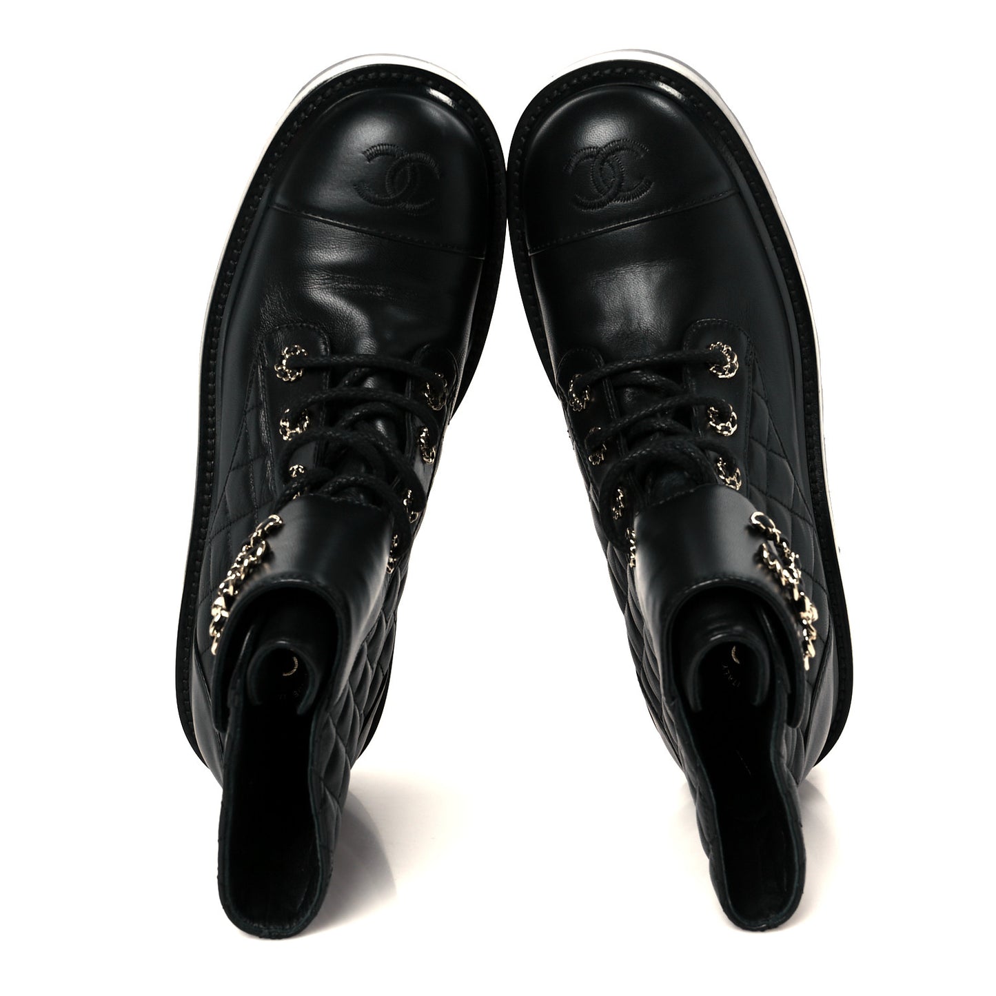 Shiny Lambskin Quilted Lace Up Combat Boots 39 Black