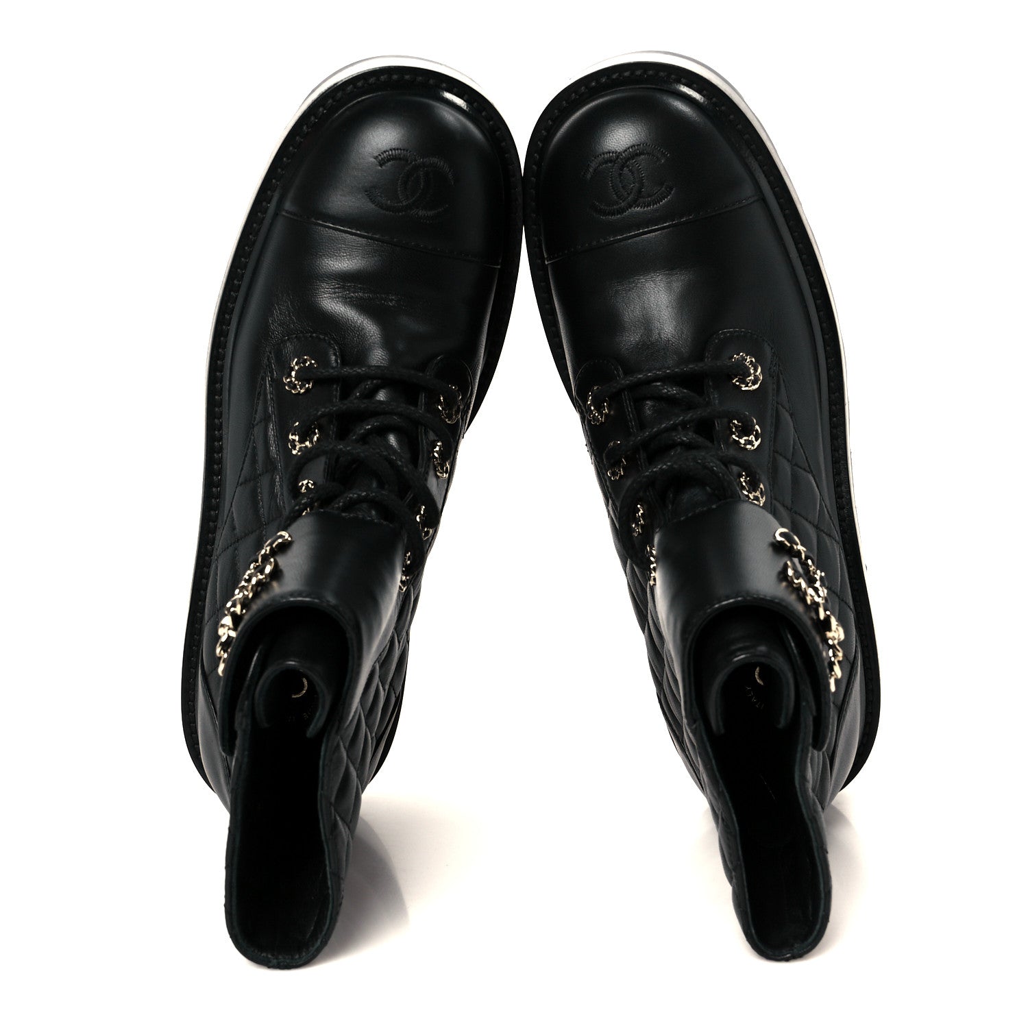 Chanel Shiny Lambskin Quilted Lace Up Combat Boots 39 Black 2 of 11