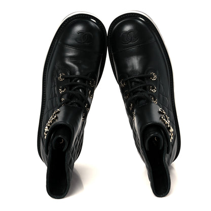 Chanel Shiny Lambskin Quilted Lace Up Combat Boots 39 Black 2 of 11