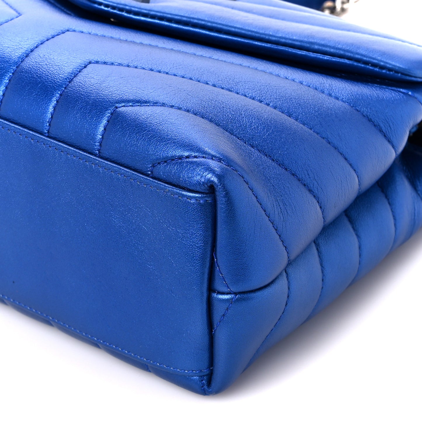 Metallic Calfskin Y Quilted Monogram Small Loulou Chain Satchel Blue Royal