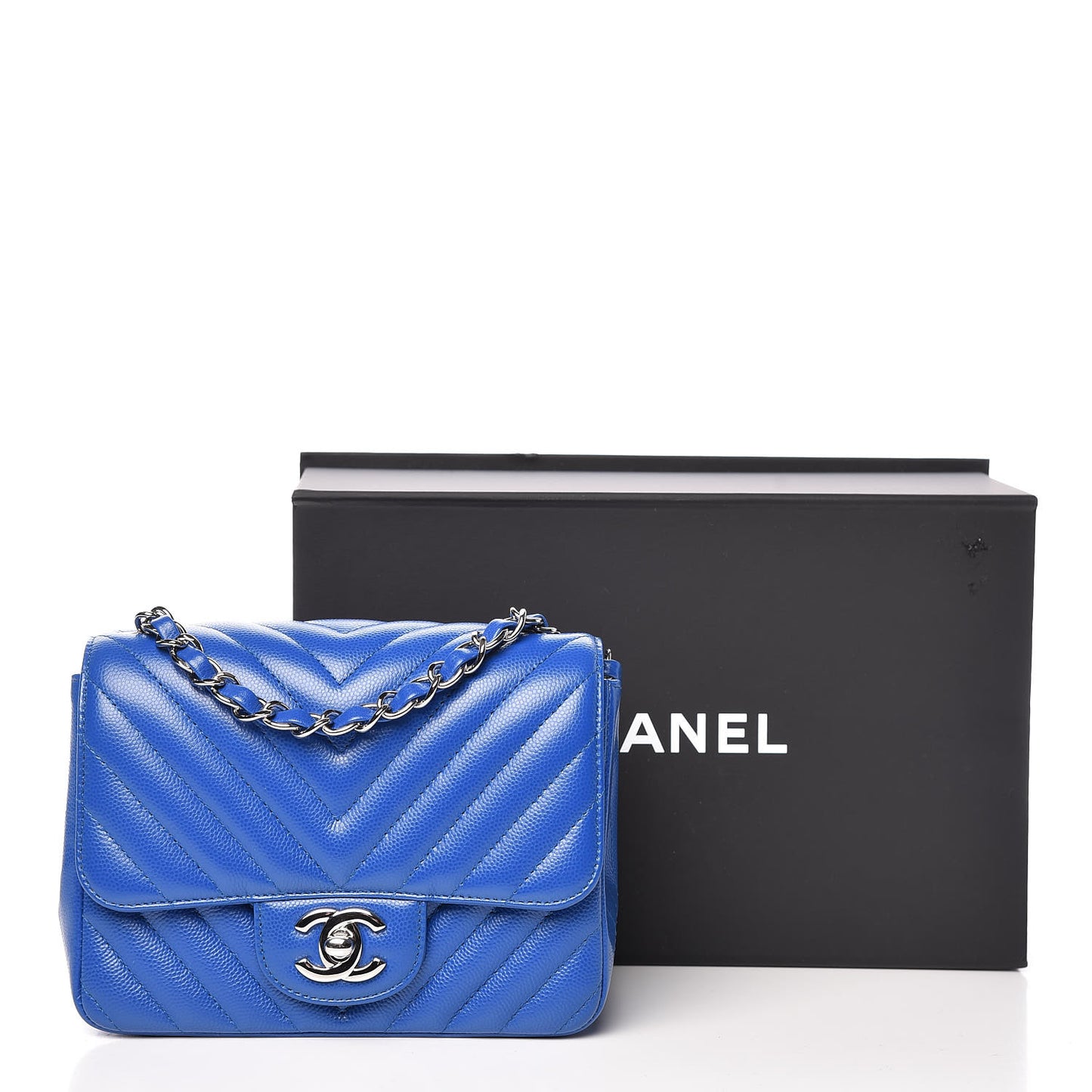 Caviar Chevron Quilted Mini Square Flap Blue