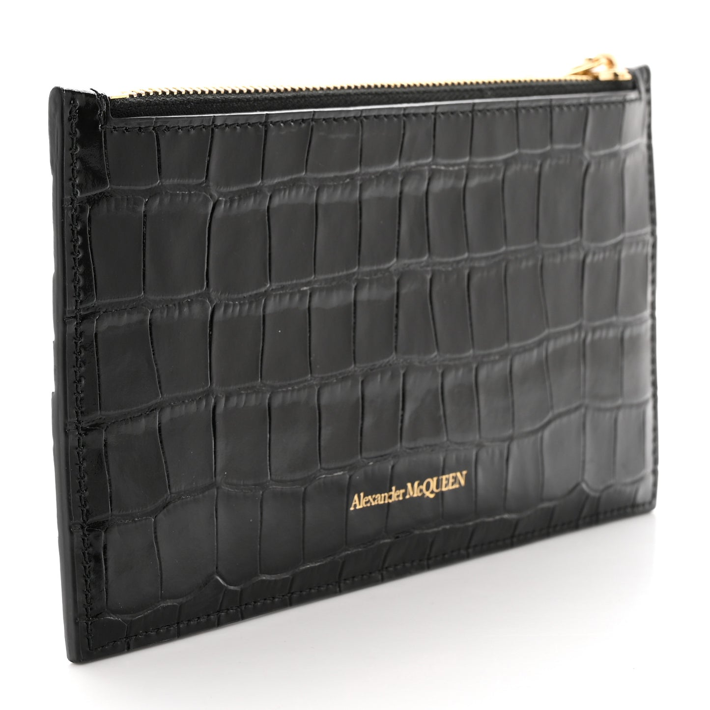 Calfskin Crocodile Embossed Skull Zip Wallet Card Holder Black