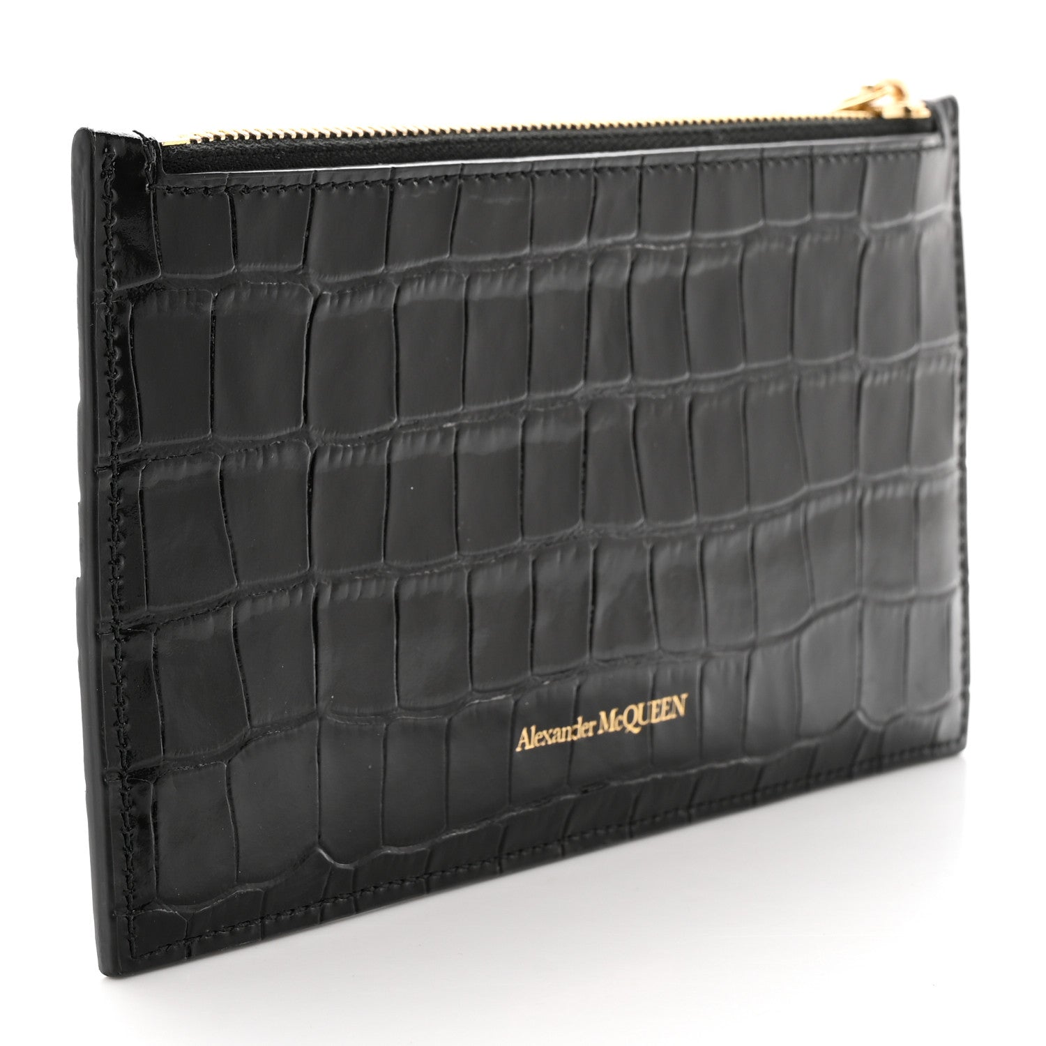 Alexander McQueen Calfskin Crocodile Embossed Skull Zip Wallet Card Holder Black 3 of 9