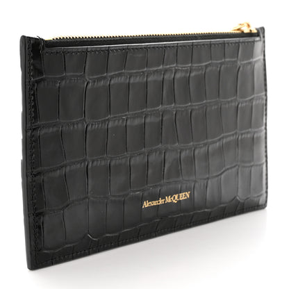 Alexander McQueen Calfskin Crocodile Embossed Skull Zip Wallet Card Holder Black 3 of 9