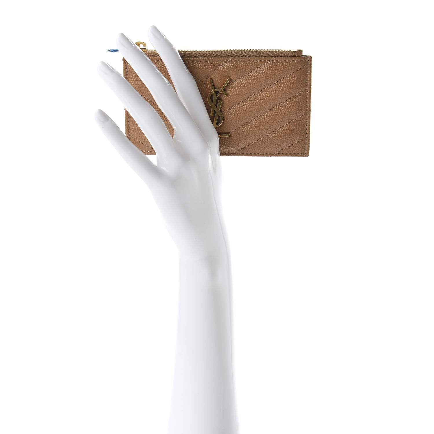 Saint Laurent Grain De Poudre Matelasse Chevron Monogram Fragments Zippered Card Case Cork 2 of 8