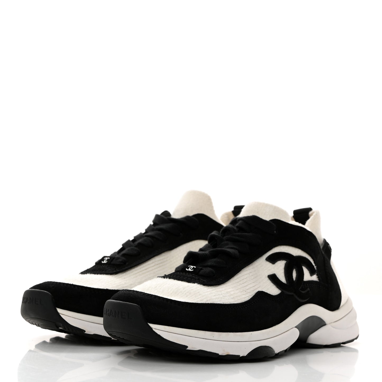 Fabric Suede Calfskin CC Sneakers 38.5 White Black