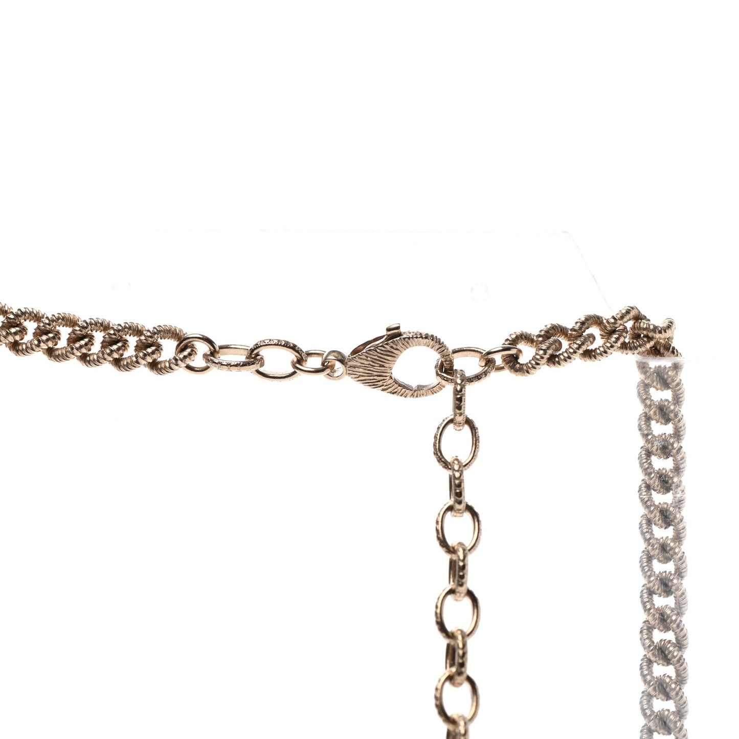 Metal Quilted CC Long Chain Necklace Gold Pearly White