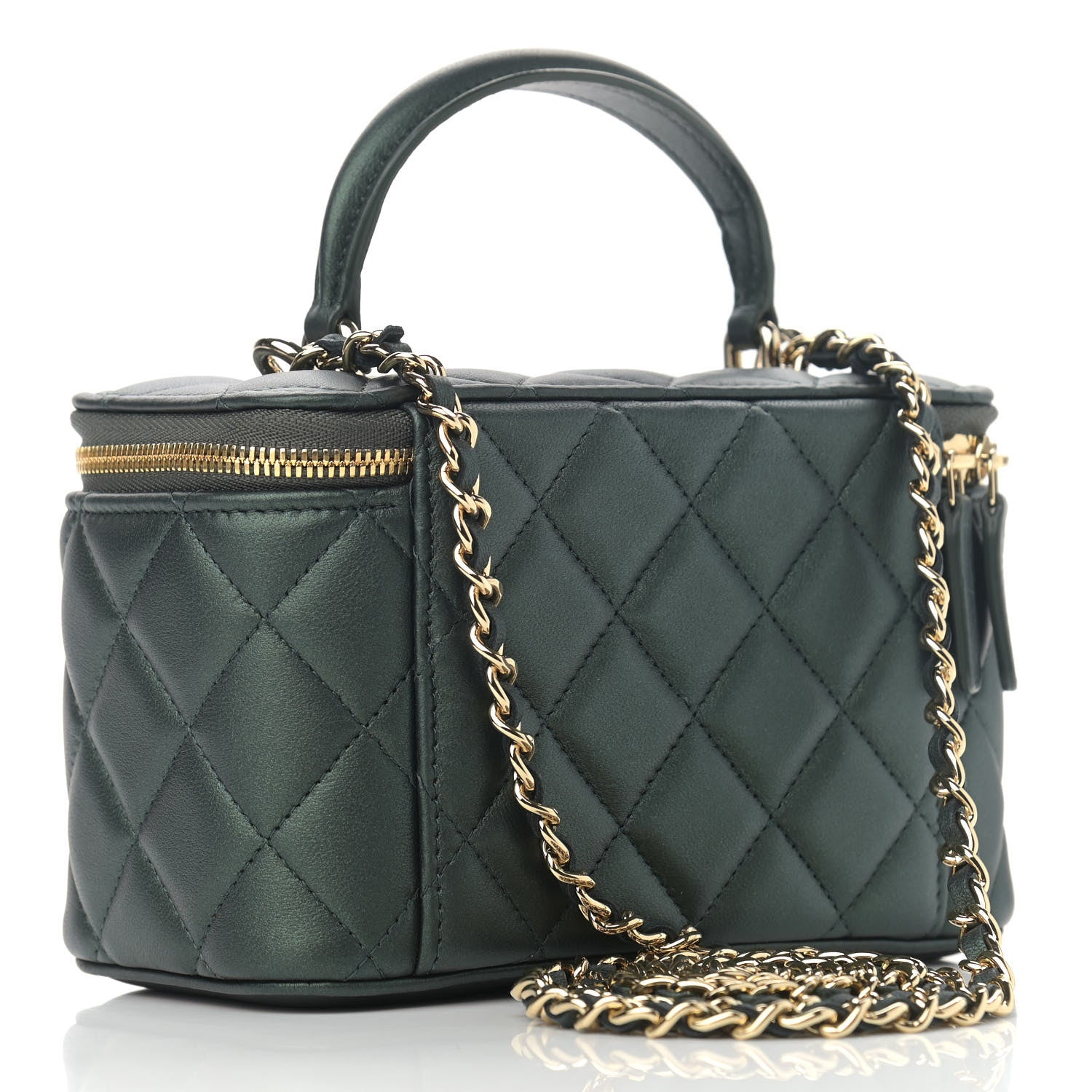 Chanel Iridescent Lambskin Quilted Small Top Handle Vanity Case With Chain Dark Green 3 of 13