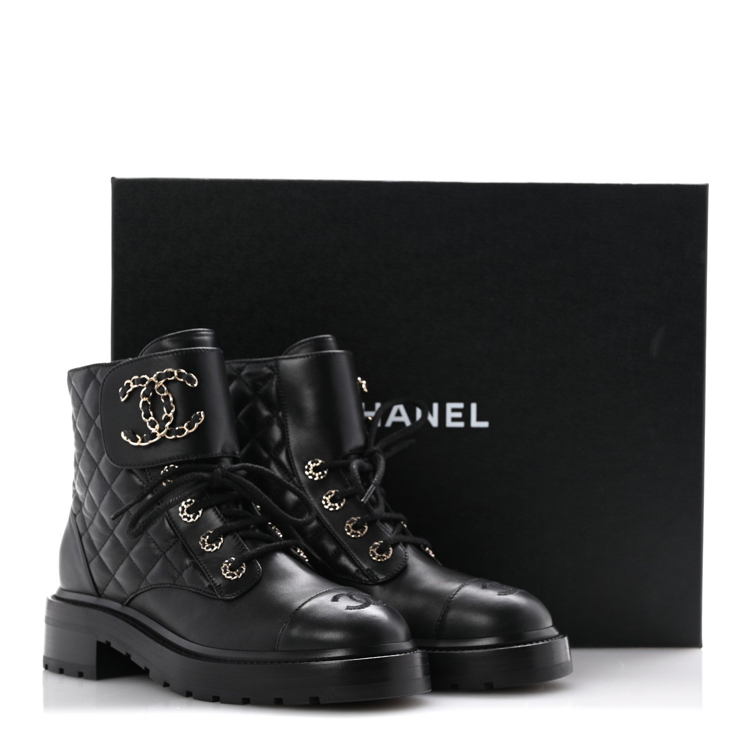 Chanel Shiny Goatskin Calfskin Quilted Lace Up Combat Boots 37 Black 10 of 10