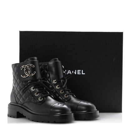 Chanel Shiny Goatskin Calfskin Quilted Lace Up Combat Boots 37 Black 10 of 10