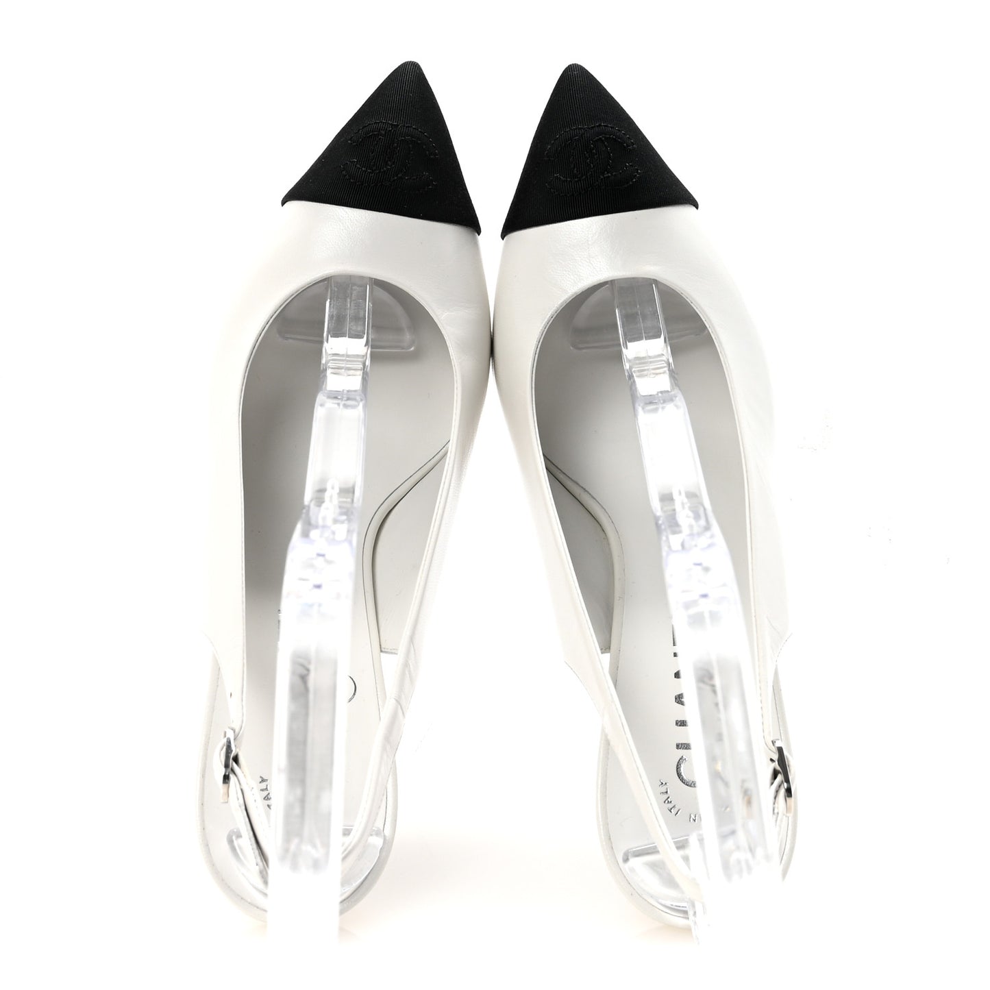 Goatskin Grosgrain Pointed Cap Toe CC Slingback Pumps 37.5 White Black