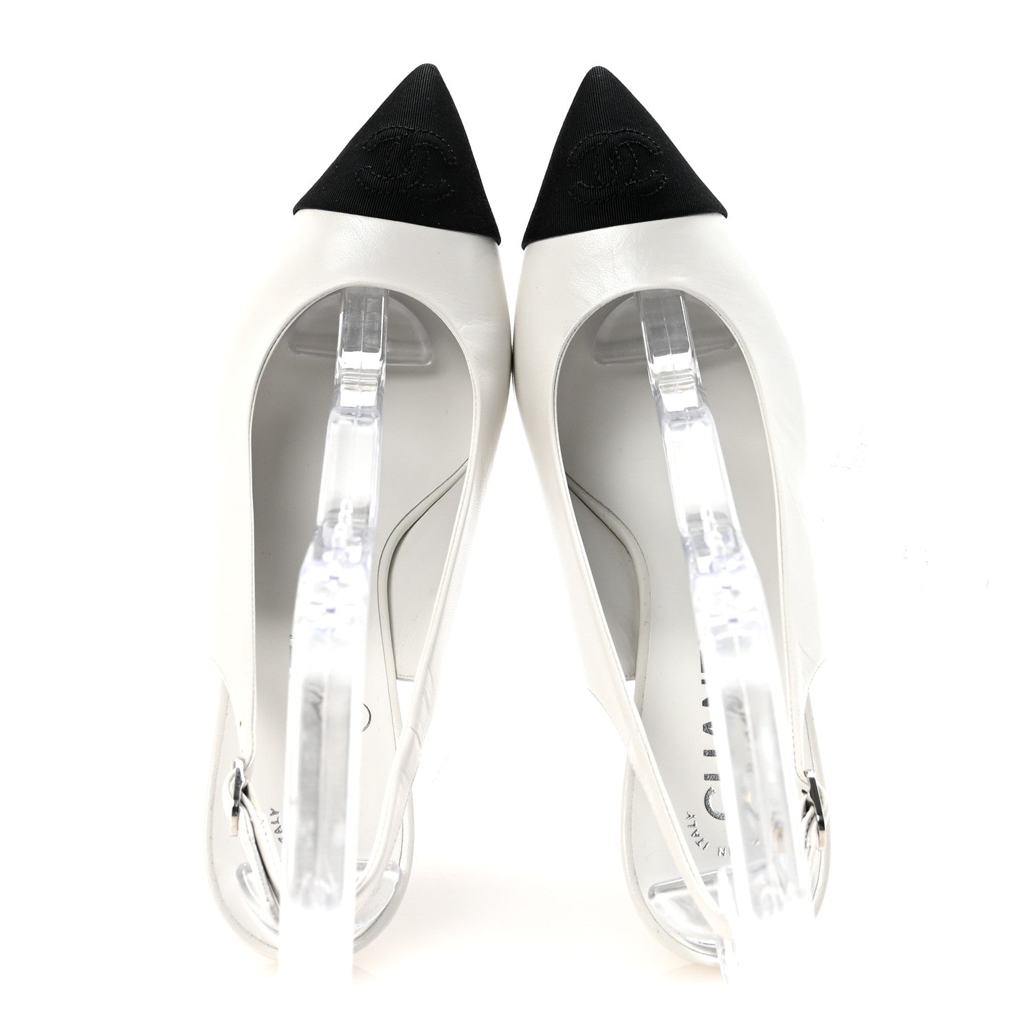 Chanel Goatskin Grosgrain Pointed Cap Toe CC Slingback Pumps 37.5 White Black 2 of 10