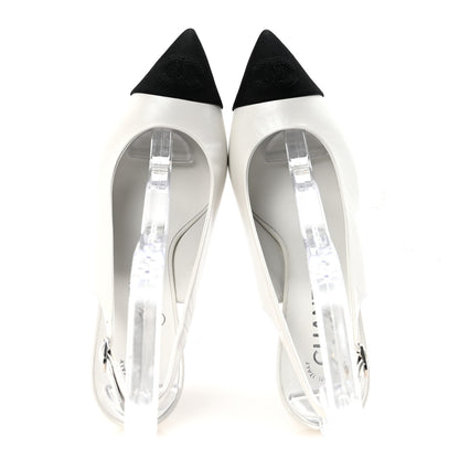 Chanel Goatskin Grosgrain Pointed Cap Toe CC Slingback Pumps 37.5 White Black 2 of 10