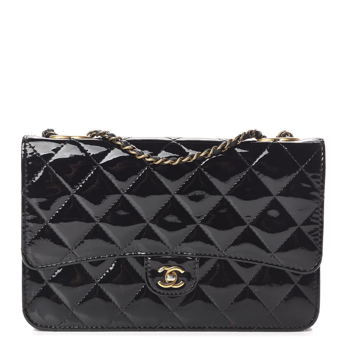 Patent Goatskin Quilted CC Eyelet Wallet On Chain WOC Black