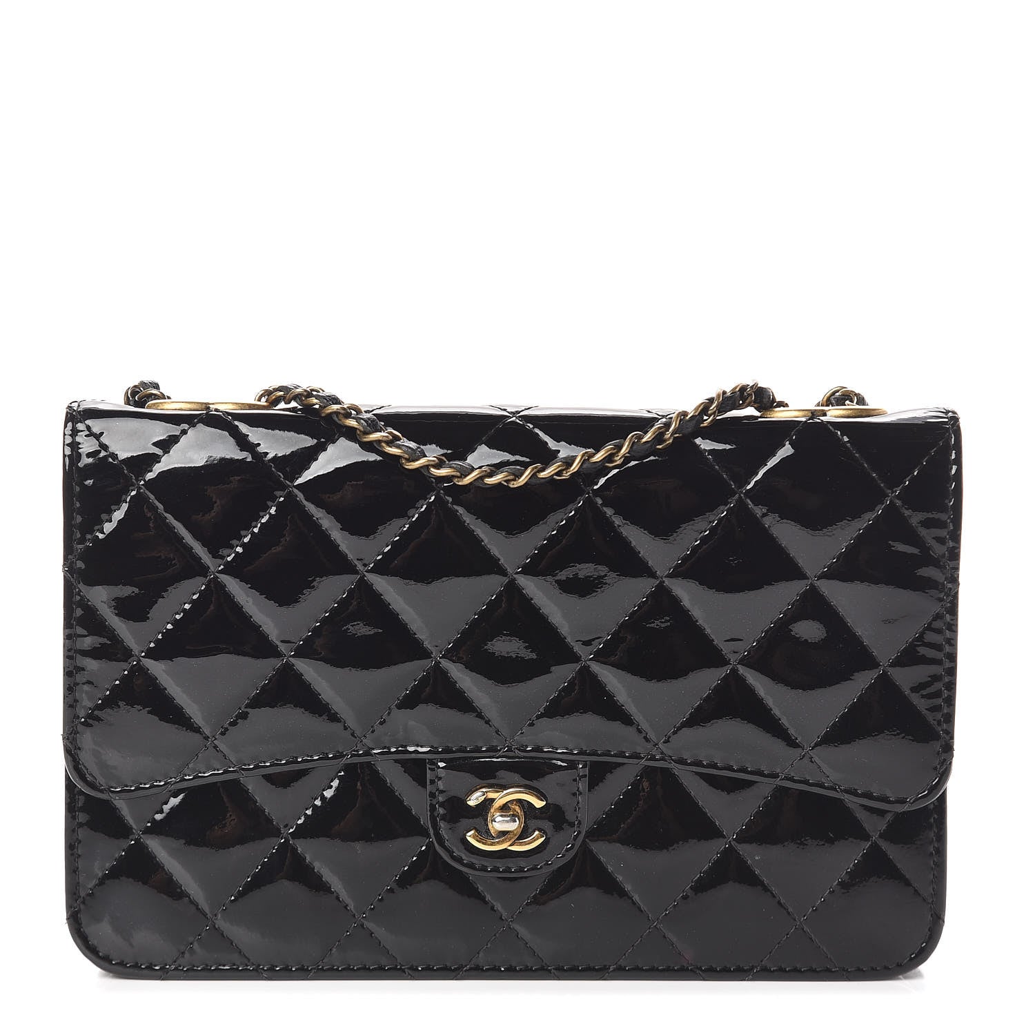 Chanel Patent Goatskin Quilted CC Eyelet Wallet On Chain WOC Black 1 of 11