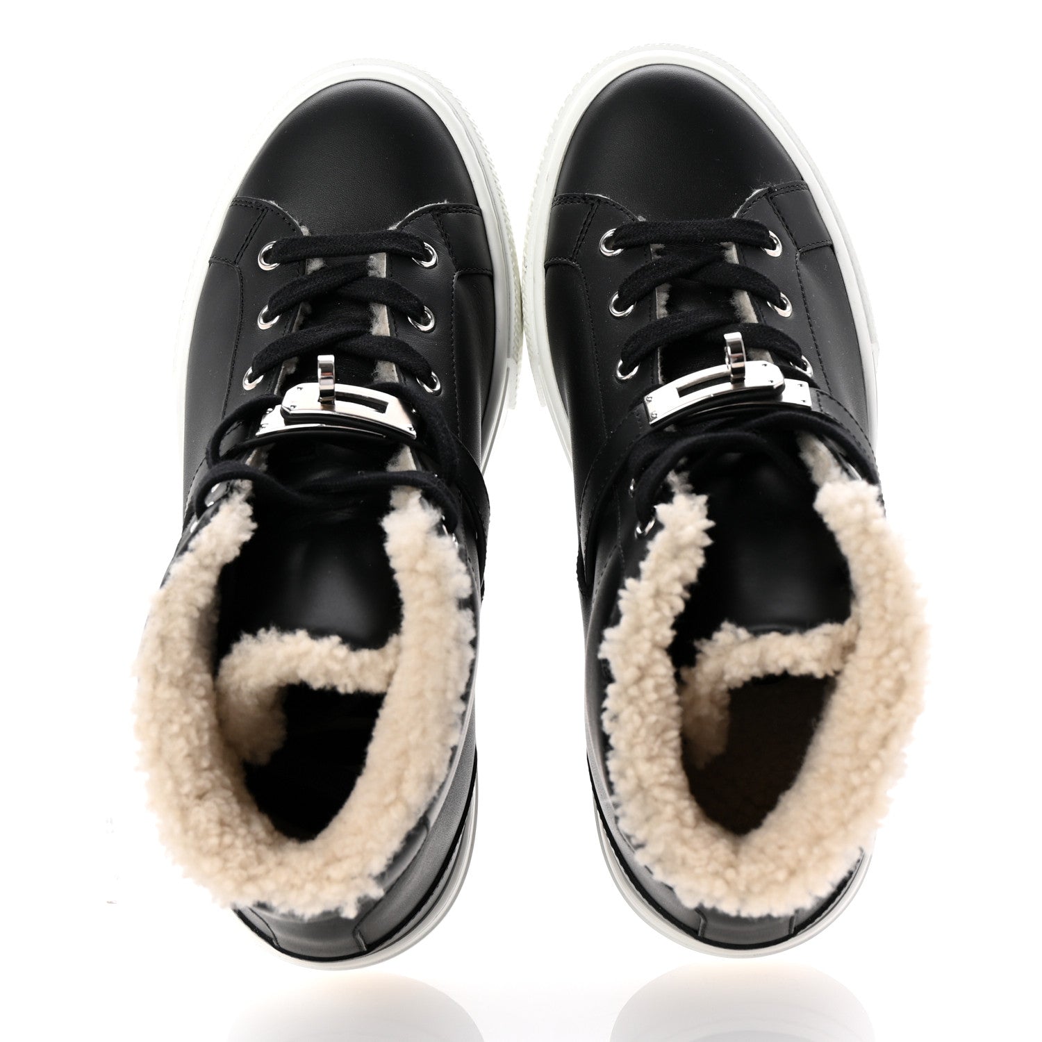 Hermes Calfskin Shearling High-Top Day Sneakers 37.5 Black Ecru 2 of 9