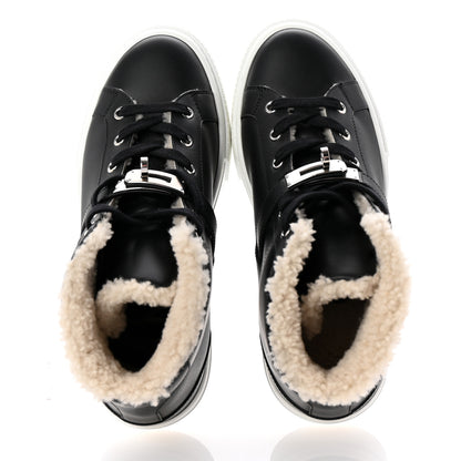 Hermes Calfskin Shearling High-Top Day Sneakers 37.5 Black Ecru 2 of 9