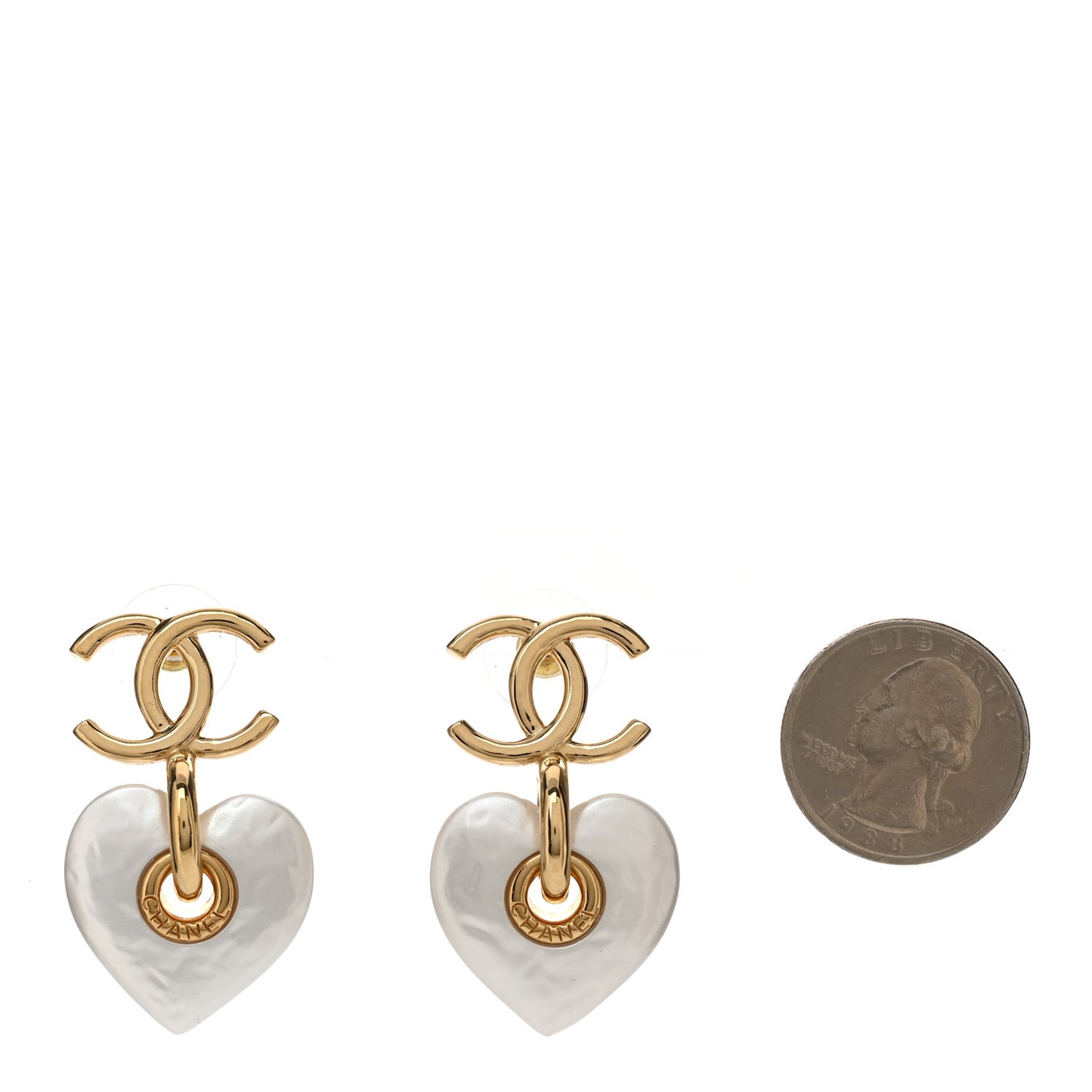 Pearl CC Heart Drop Earrings Gold