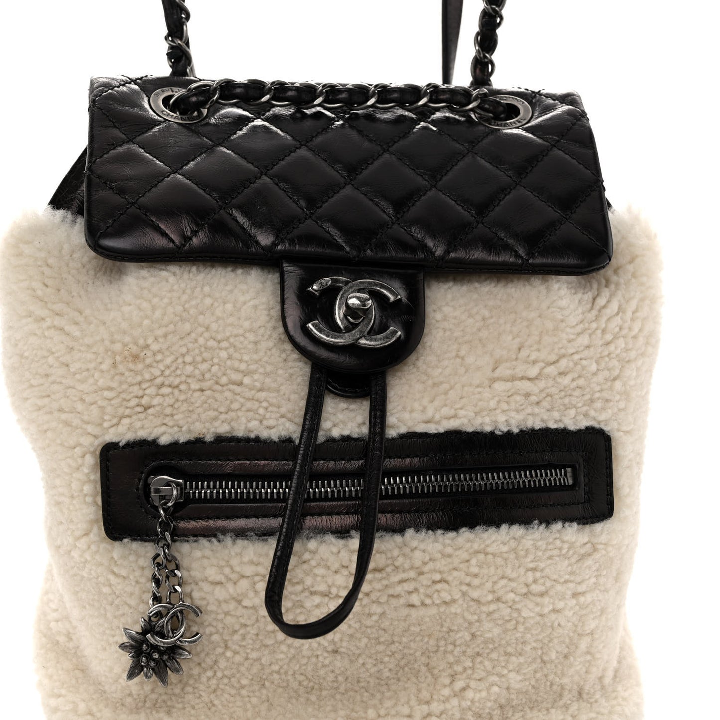 Glazed Calfskin Shearling Quilted Small Mountain Backpack Black Ivory