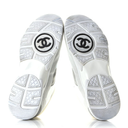 Chanel Suede Calfskin Mens CC Sneakers 45 White Grey Blue 6 of 9