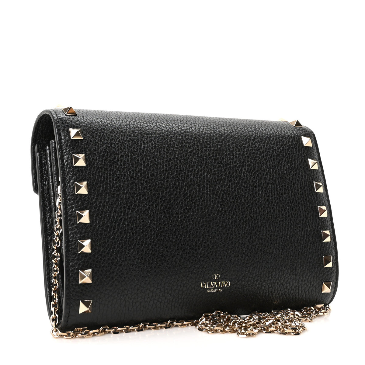 Pebbled Calfskin Rockstud Envelope Wallet on Chain Black