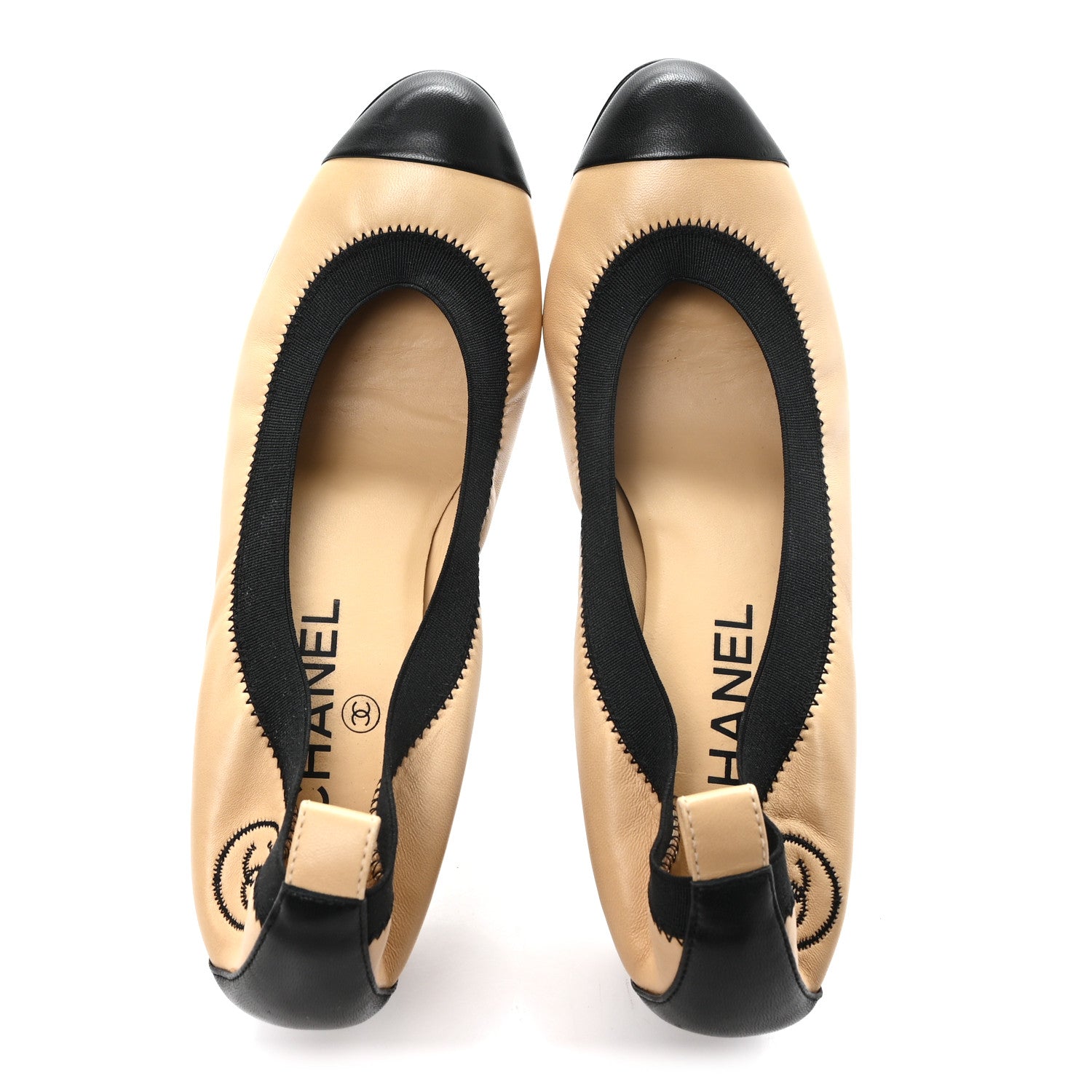 Chanel Lambskin CC Elastic Stretch Pumps 38 Beige Black 2 of 10
