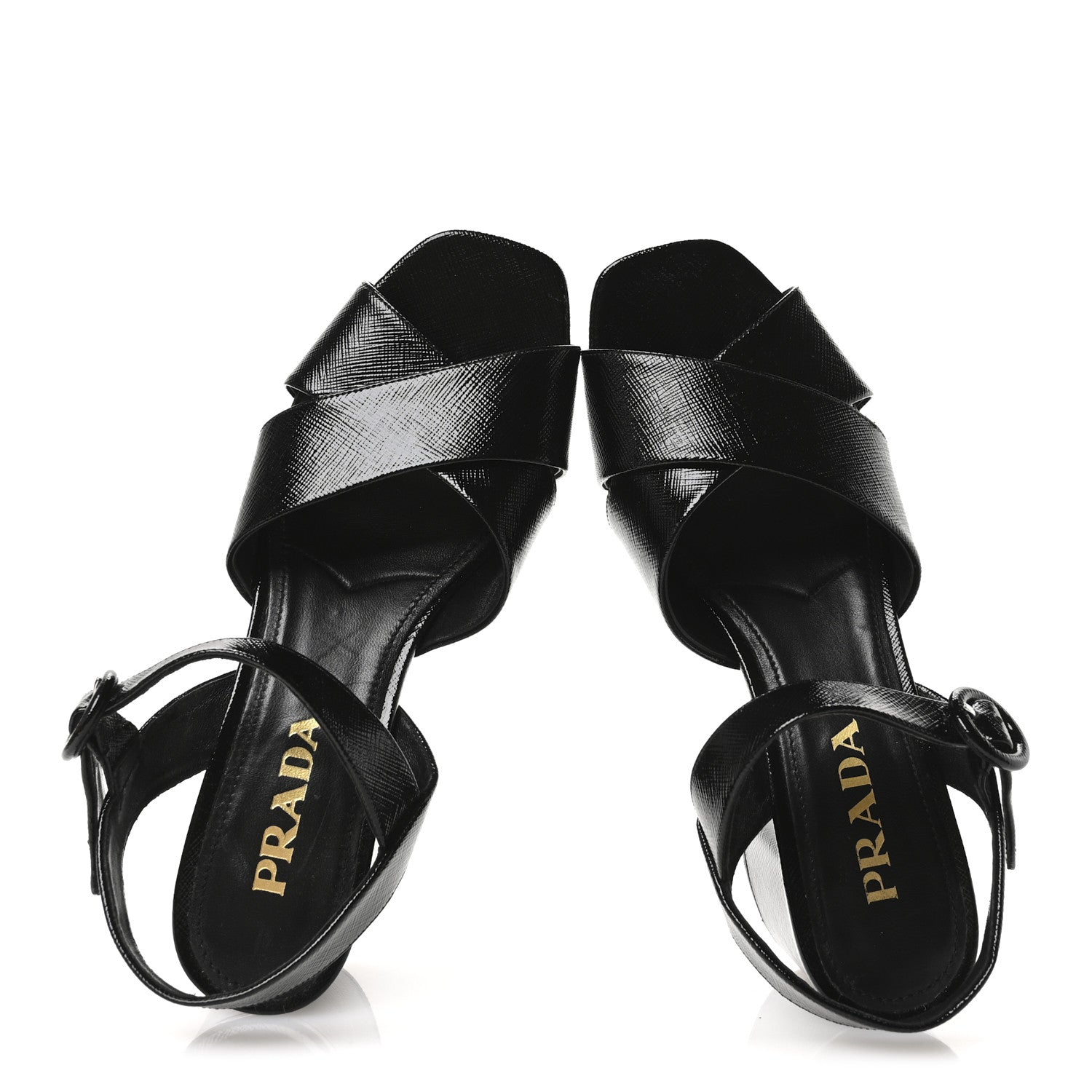 Prada Vernice Saffiano Embossed Crisscross Platform 20/65mm Sandals 37.5 Black 2 of 7