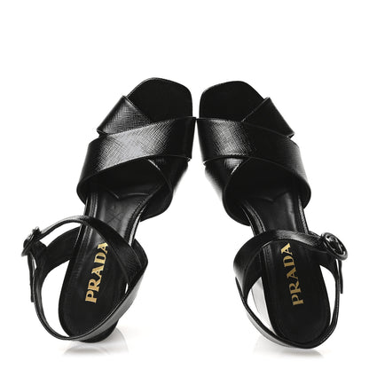 Prada Vernice Saffiano Embossed Crisscross Platform 20/65mm Sandals 37.5 Black 2 of 7